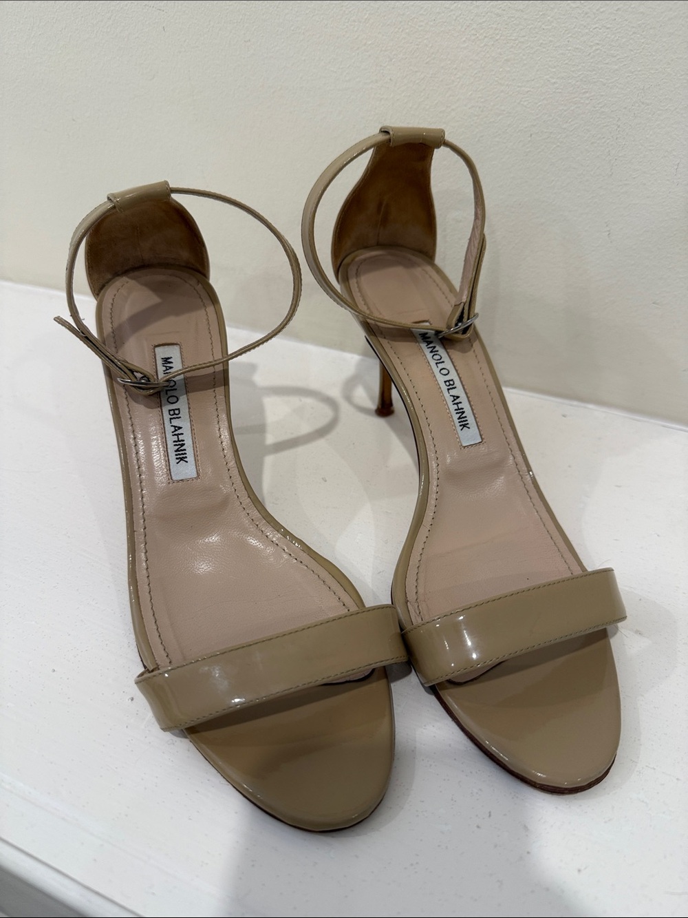 Manolo Blahnik Beige Patent Leather Ankle-Strap Sandals